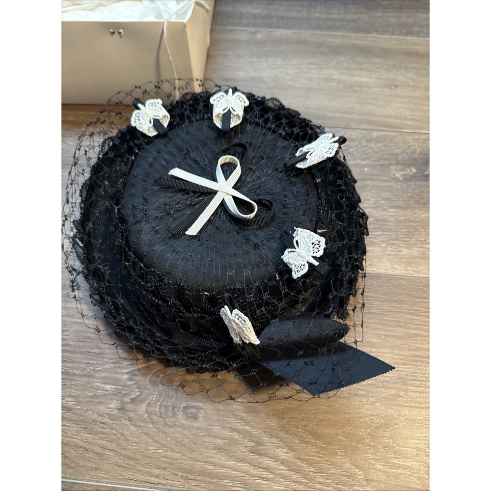 Vintage Women's Black Fascinator Hat With Bows And Butterflies Union Made Denver